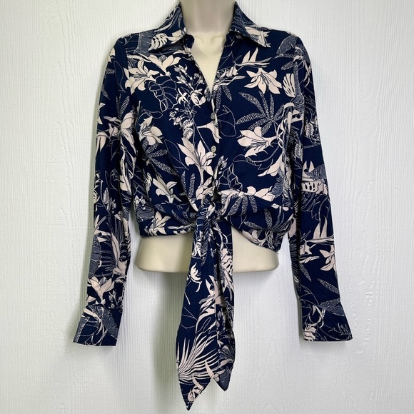Panama Jack - Blue Linen Blend Tropical Palm Leaf Pattern Tie Blouse Size XS - Picture 2 of 9